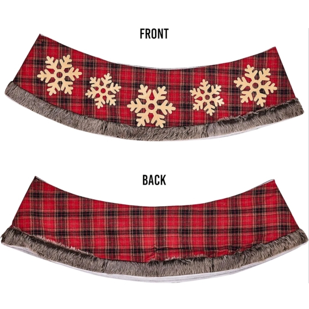 Plaid Snowflake Fur Trimmed Tree Collar Home Accent - Picture 3 of 8